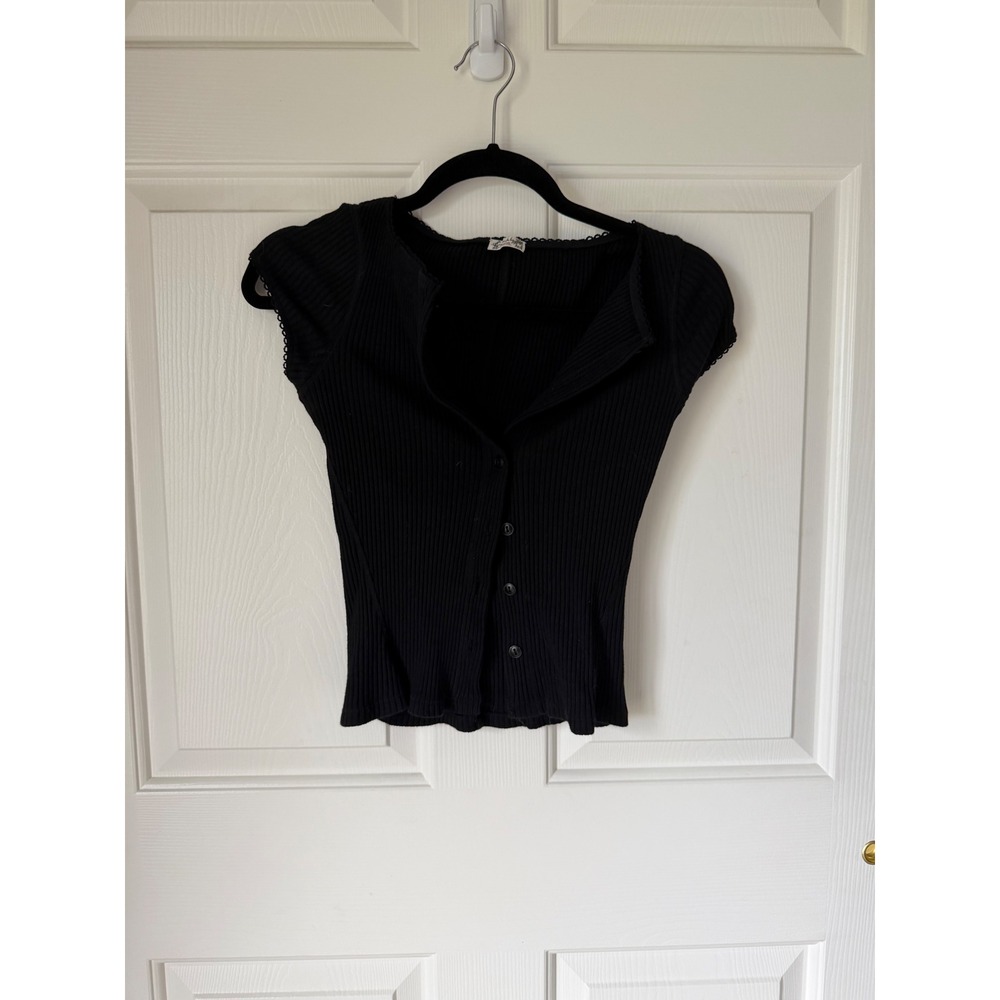 Free People Intimately Ribbed Cardigan Top Black Lace Trim Short Sleeve XS TP